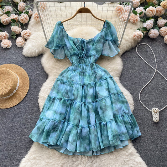 New Summer Light-Luxury Court-Style Oil-Paint French-Print Waist-Cinching Dress