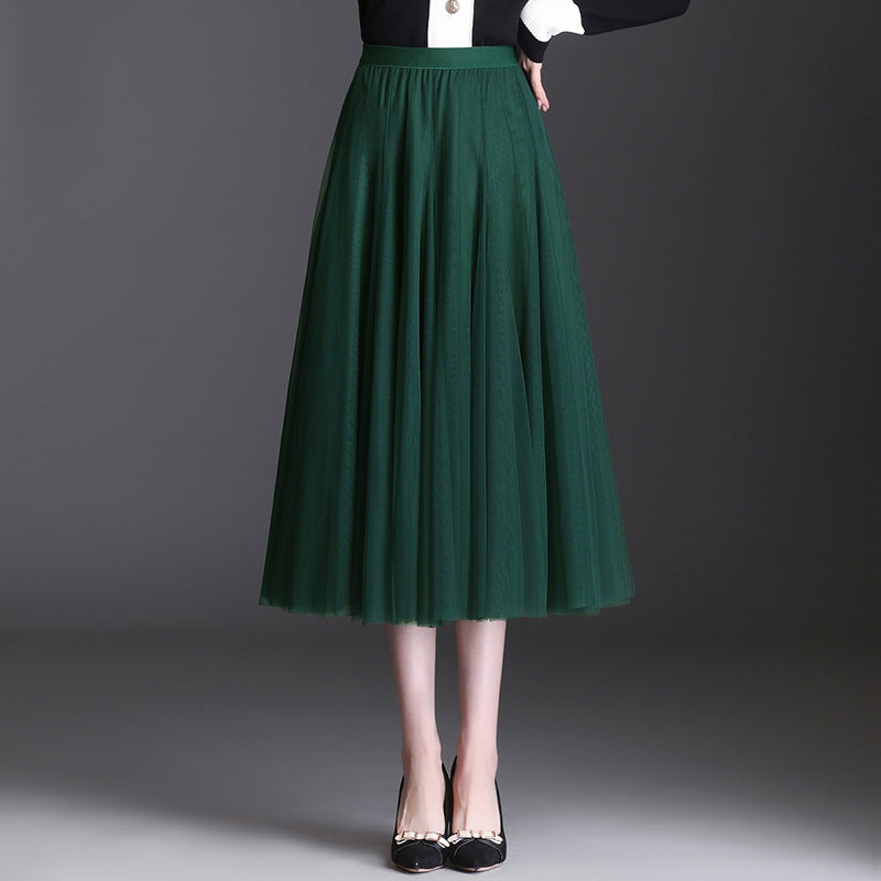 Womens Mid-Waist Pleated Flowy Mesh Lace Skirt