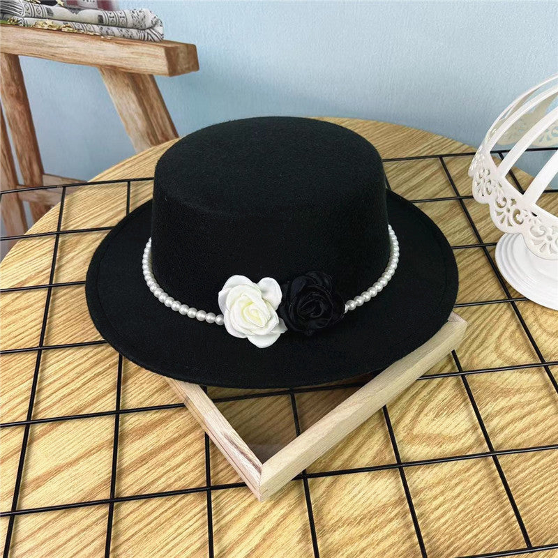 Vintage Hattedame Perlekæde Blomster Uld Flad Hat
