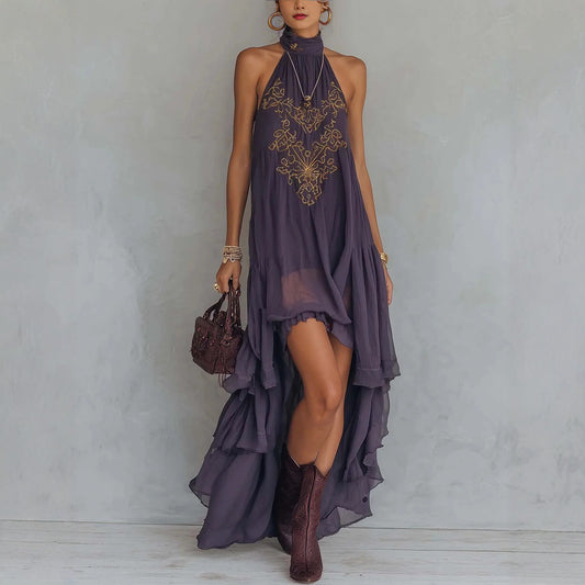 Purple Embroidered High-Neck Sleeveless Ruffle Hem Maxi Dress