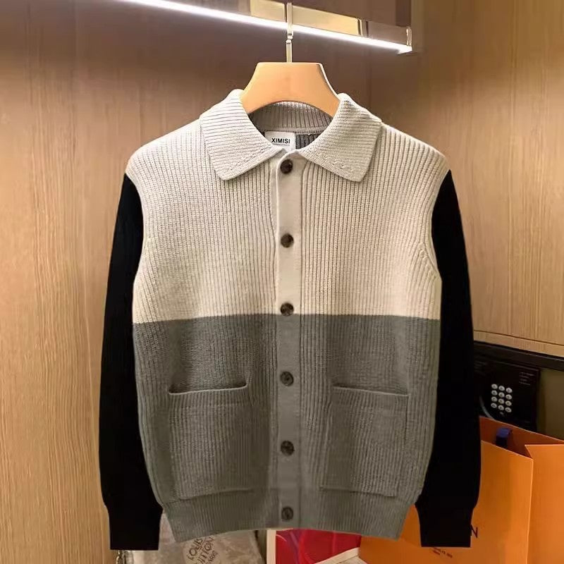Men's Autumn And Winter Knitted Color Stitching Turnover Neck Sweater Coat