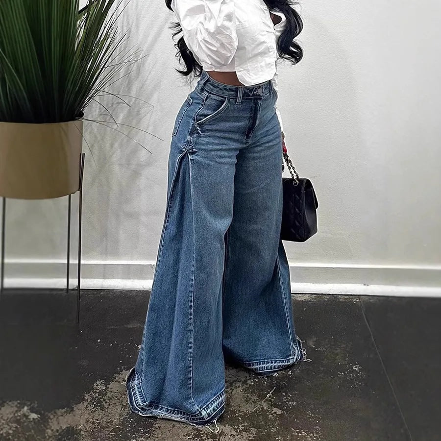 Løse vidde ben jeans med syninger og trompetformet pasform, kvastbukser