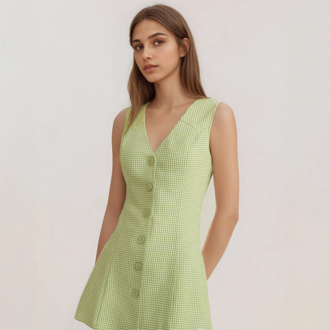 Simple Retro V Neck Buttoned Sleeveless Short Dress For Women