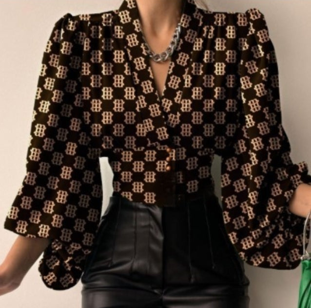 Elegant Buttoned V-Neck Puff Sleeve Top Shirt For Women