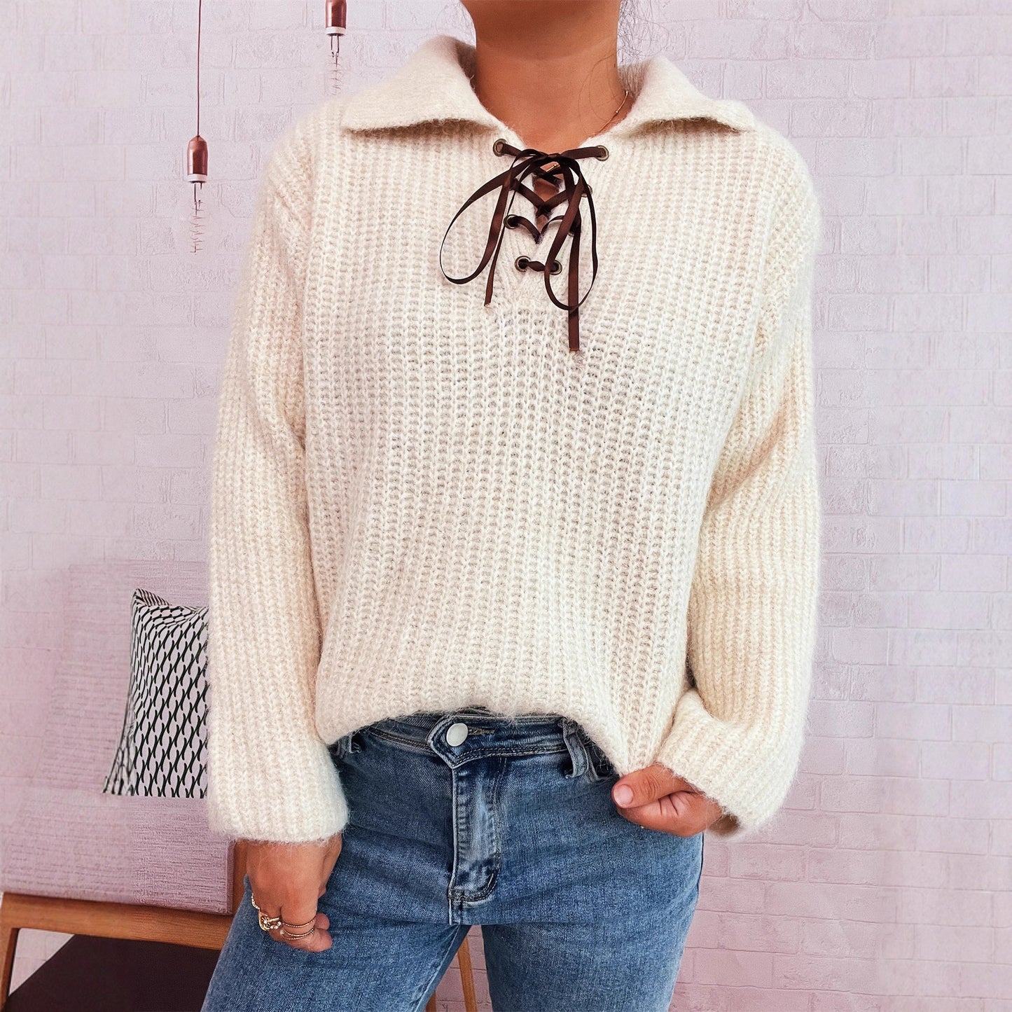 Simple Commute Lapel Tied Knitted Pullover Solid Color Loose Sweater