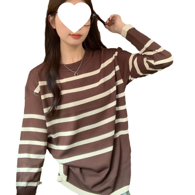 Idle Style Retro Striped Crew Neck Long Sleeves Knitwear