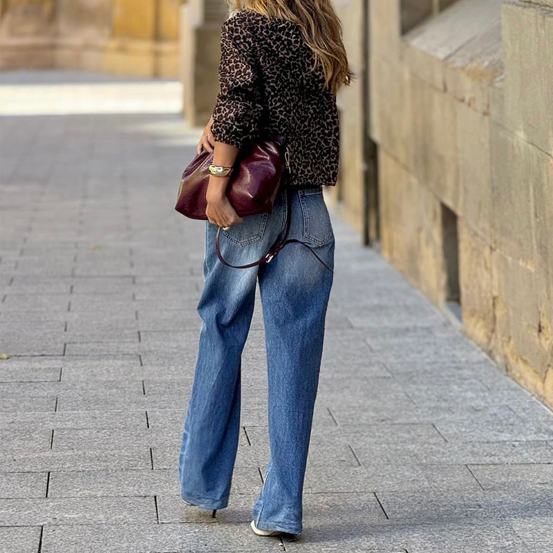 Temperament Long Sleeve Leopard Print Hooded Jacket