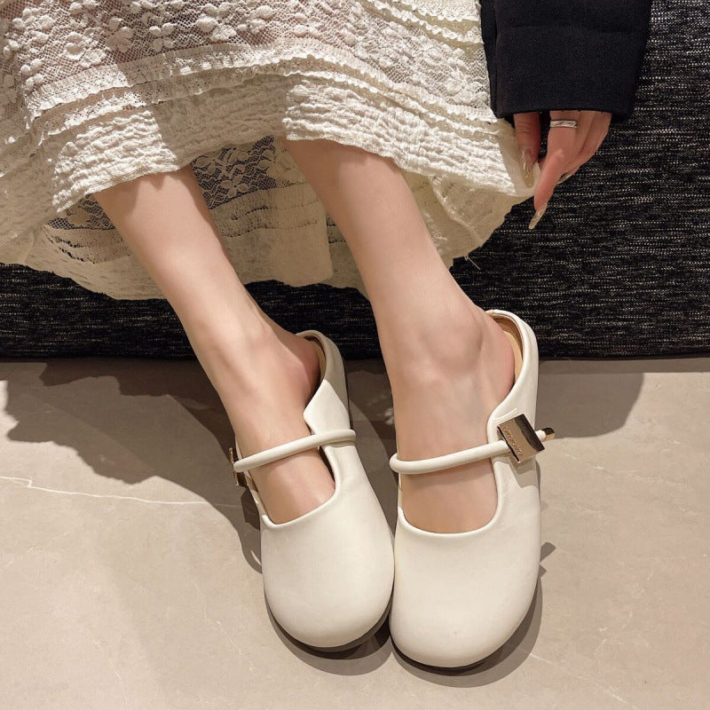 Temperament Wild Square Buckle Toe Cap Semi Slipper Soft Bottom Internet-famous Outdoors Slip-on
