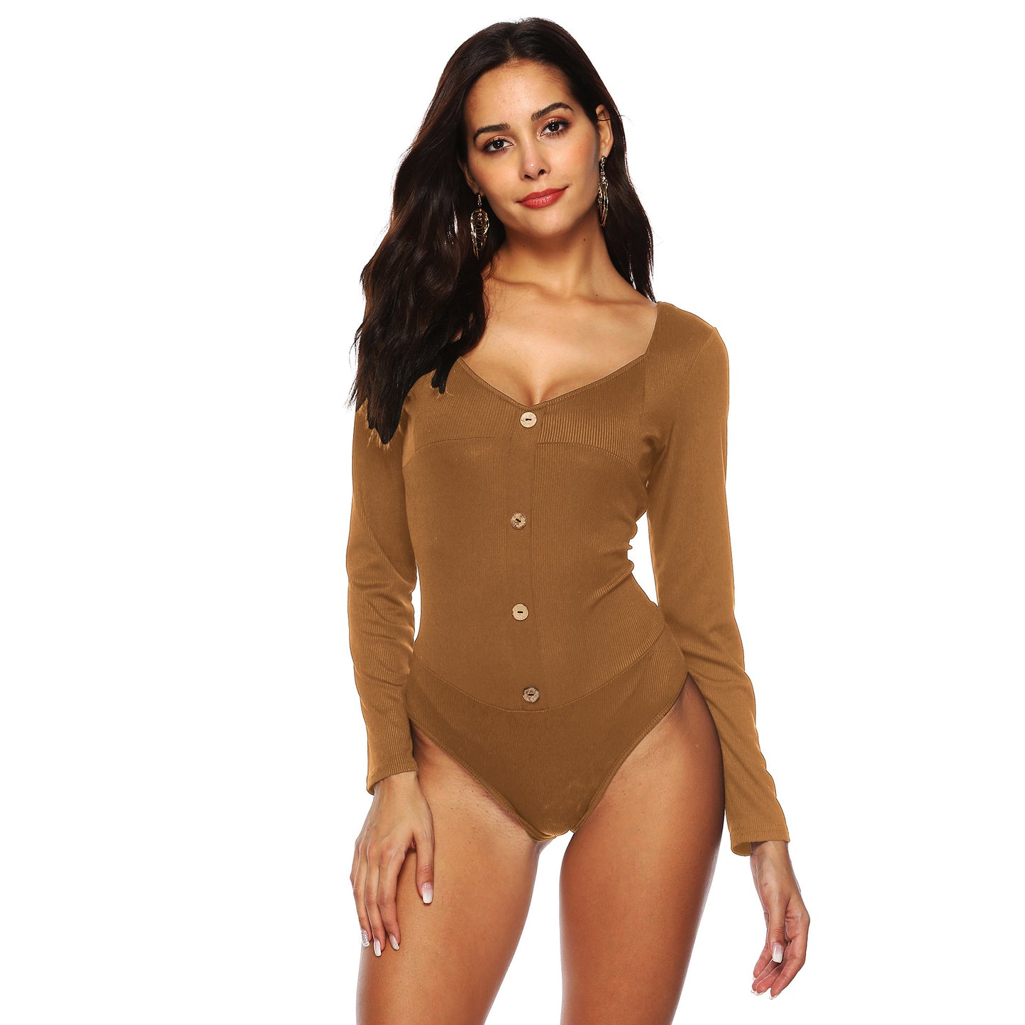 Dame Langærmet Dybt U Åben Ryg Knap Jumpsuit Indertrøje