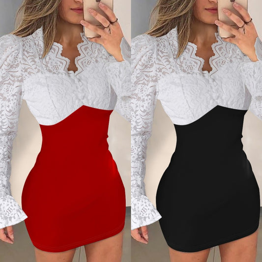 New Arrival Fitted V-Neck Lace-Patchwork Wrap Dress