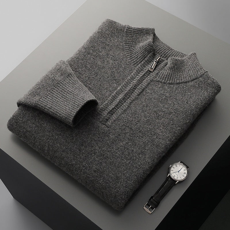 Men's Mid-length Zip-up Honeycomb-knit Thickened Sweater
