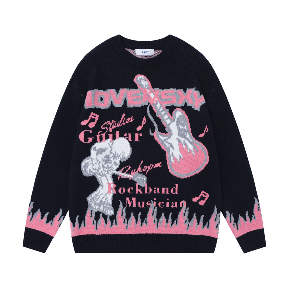 Europæisk og Amerikansk Rock Anime Flammende Jacquard Rundhalset Sweater