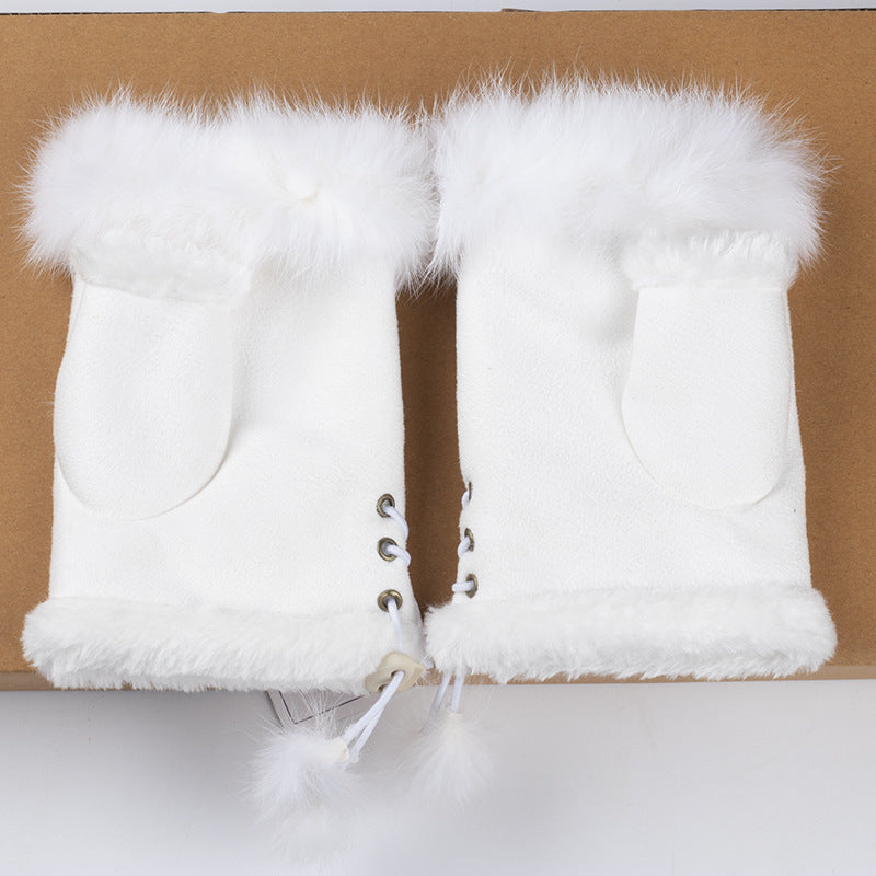 Rabbit Fur Half-finger Gloves Winter Warm Ladies Keyboard