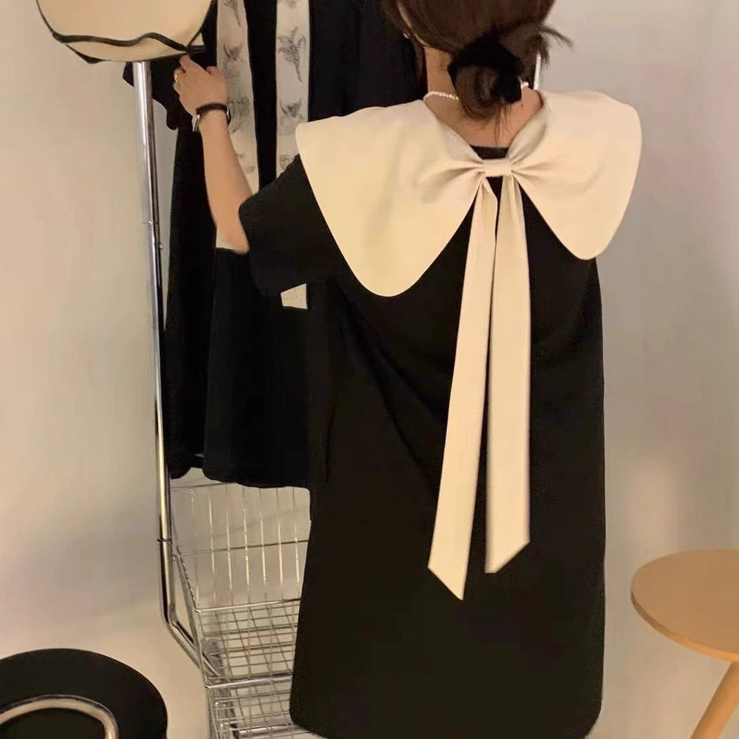 Contrast-Color Doll Collar Bow-Knot Dress For Women