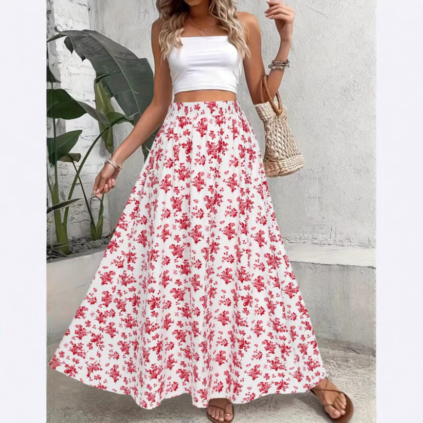 Bohemian Floral Print Waist-Cinching Lightweight Flowy Summer Maxi Skirt
