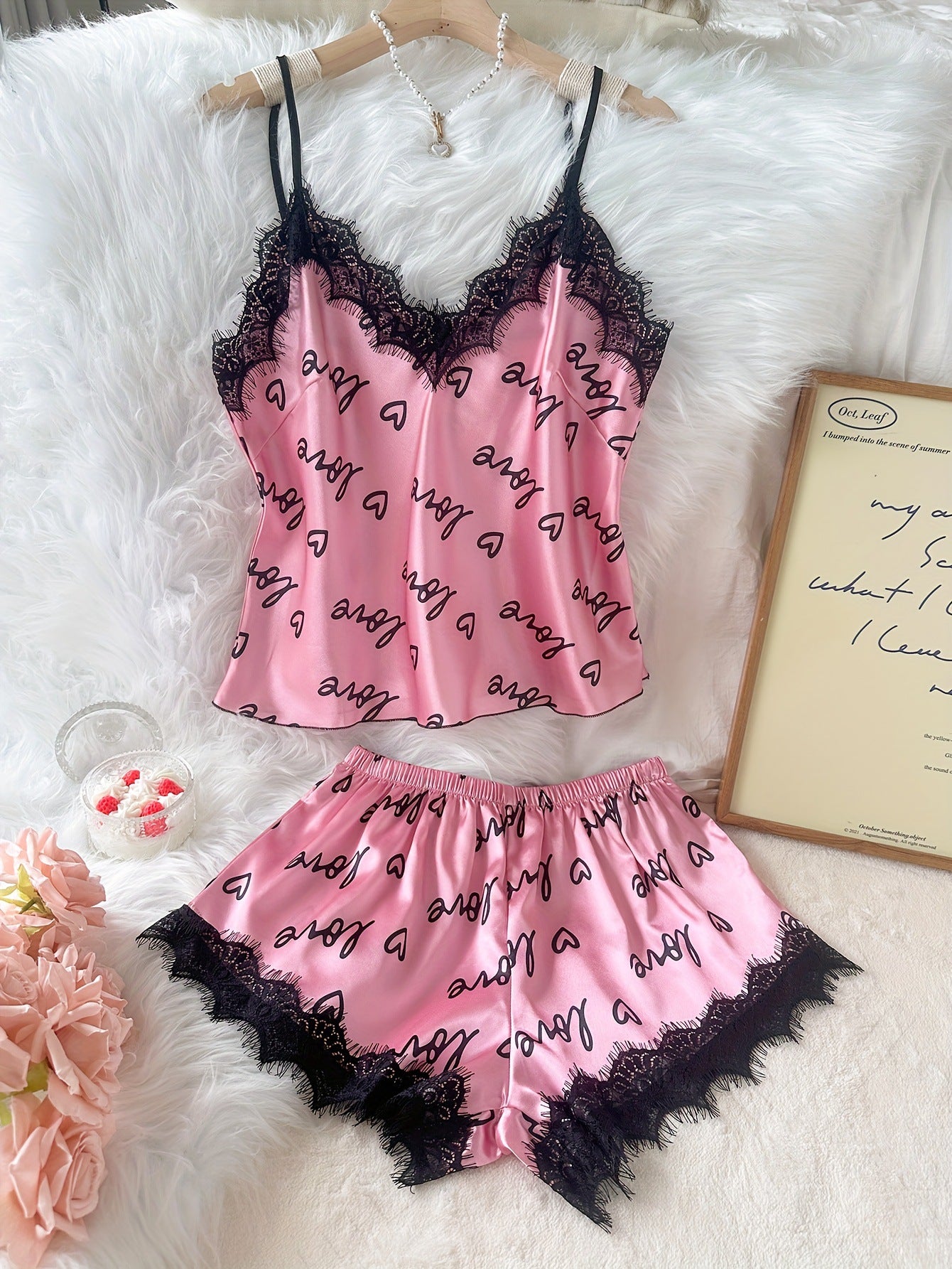 Womens Sleeveless Ice Silk Lace-Trimmed Laced Pajama Set