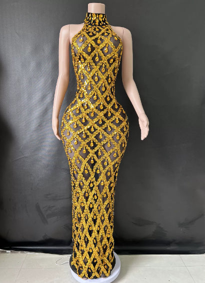 Shimmering Rhinestone High-neck Sleeveless Sexy Mesh Sheer Plaid Evening Gown