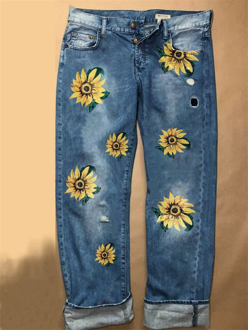 Sunflower Fashion Print Wide-leg Denim Trousers