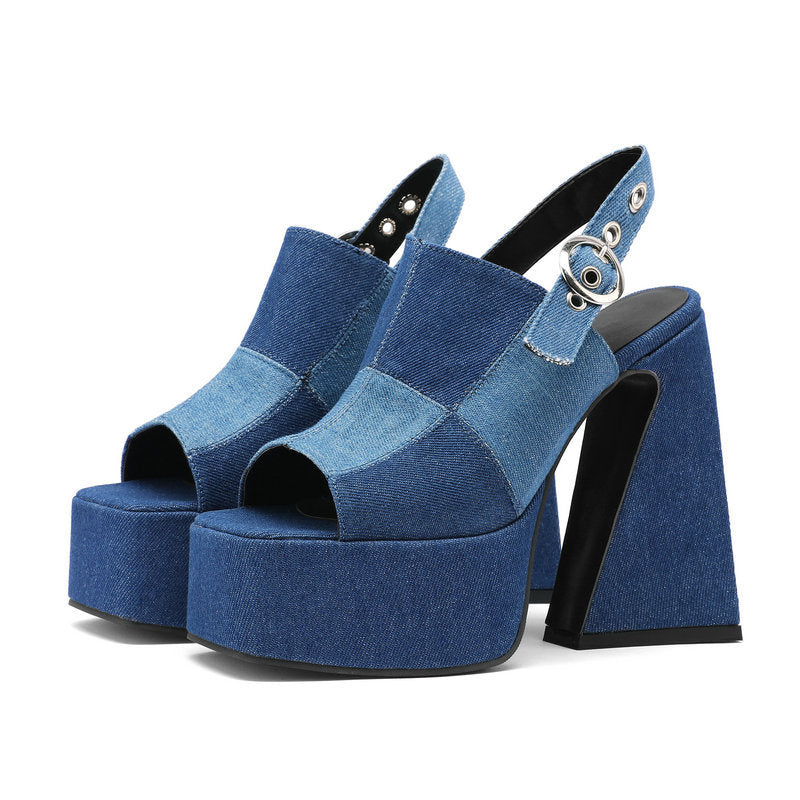 Thick Heel Super High Heel Denim Buckle Strap Peep Toe Sandals