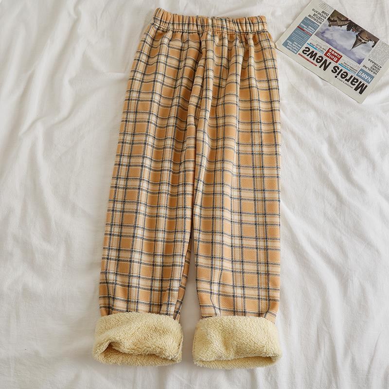 Fleece Cashmere Plaid Wide-leg Casual Pants
