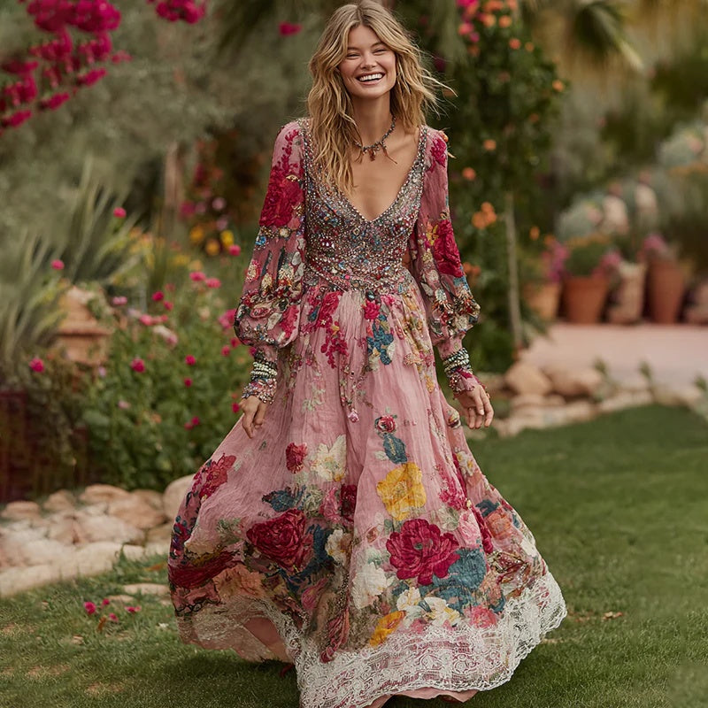 Vintage Elegant Long Dress With Floral And Botanical Print