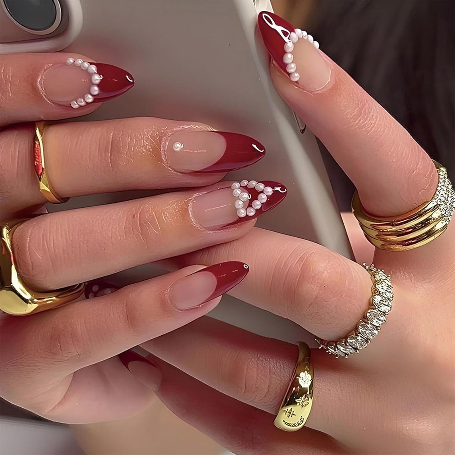 Press on Nails Medium Square Chrome Acrylic Glossy Glue on Artificial Squoval Aurora Pearl Flash Stick on False Nails with Design 24 Pcs