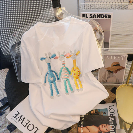 Three-dimensional Hot Diamond Cartoon Short-sleeved T-shirt Women's Clothing