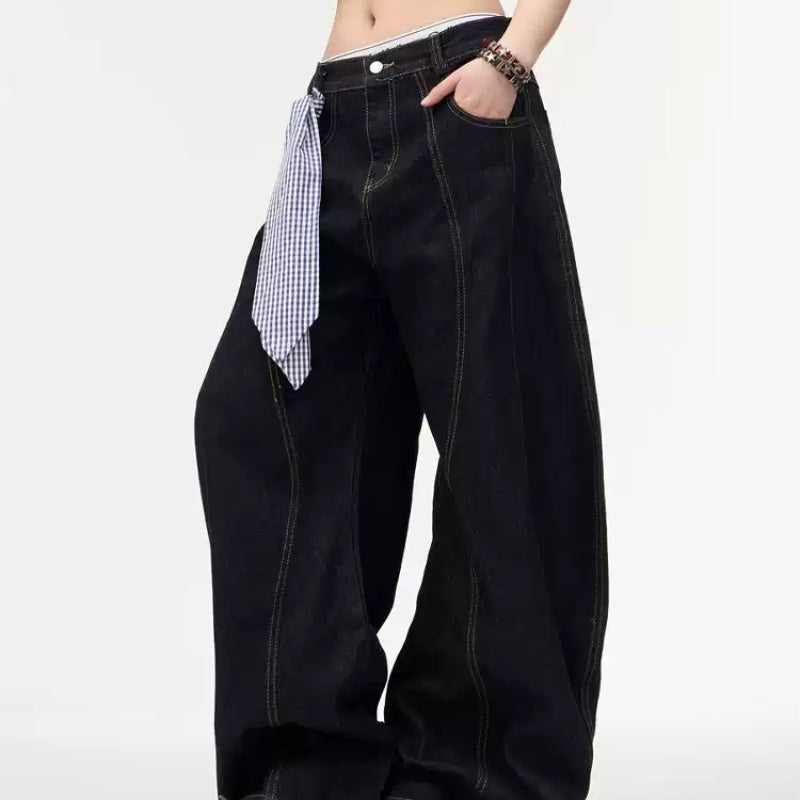 Retro Primary Color Washed Machete Jeans Loose Wide Leg