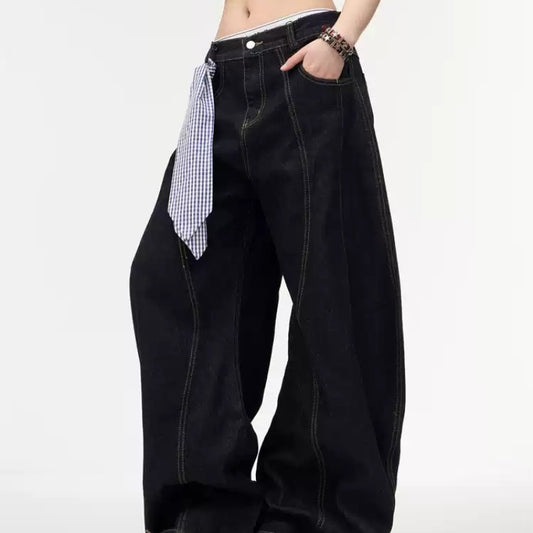 Retro Primary Color Washed Machete Jeans Loose Wide Leg