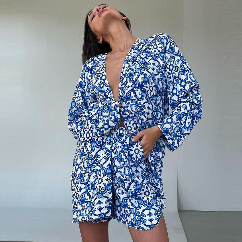 Printed Loose Cozy Long-Sleeve Shorts Pajama Set