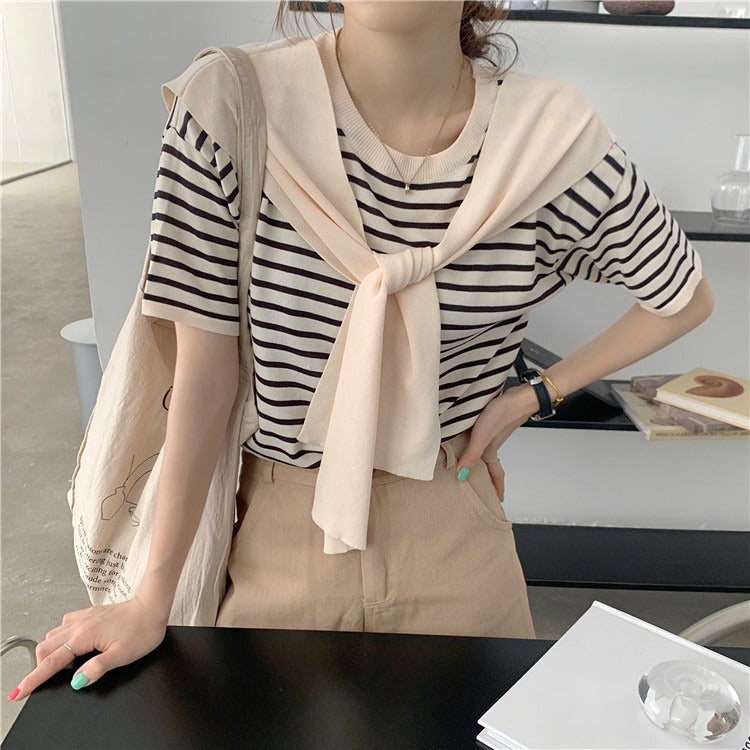 Female Niche Knitwear Striped Fake Two-piece Top Ice Silk T-shirt