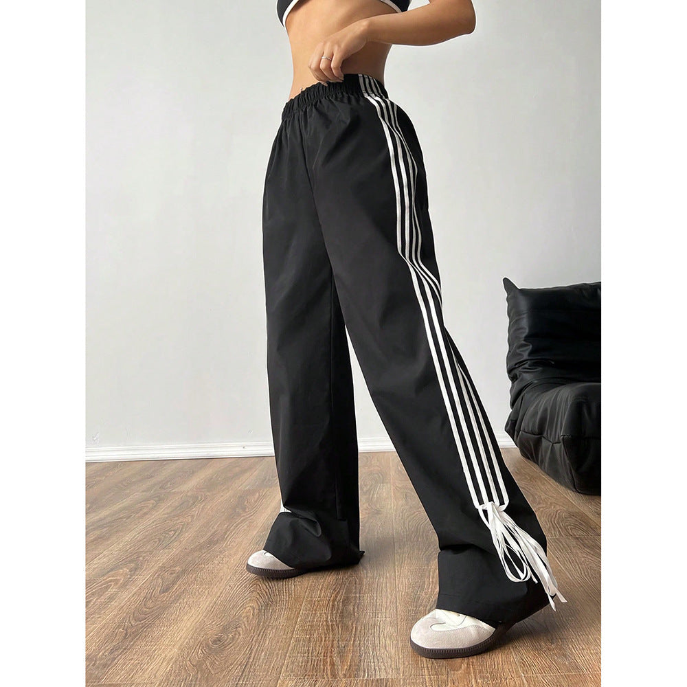 Womens High-Waisted Loose-Fit Wide-Leg Pants With Contrasting Striped Panels