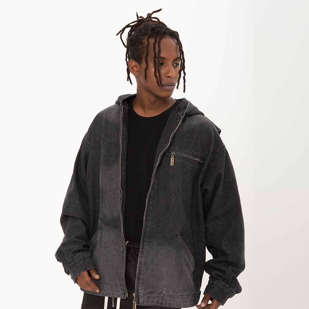Hooded Denim Men's Spring And Autumn High Street Fashion Design Pleated Sleeve Tooling Zipper Jacket