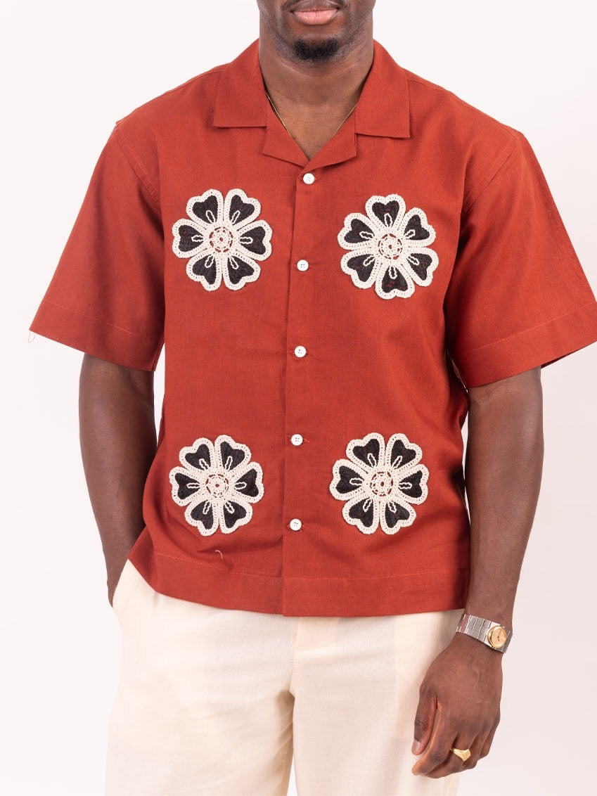 Men's Rust Red Floral Crochet Camp Collar Short Sleeve Shirt