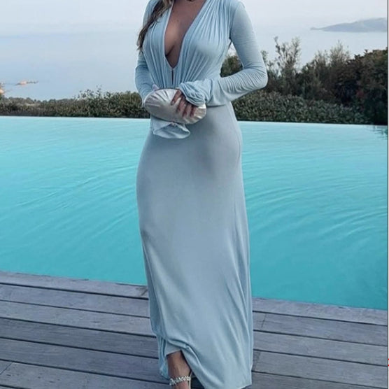 Womens Sexy Solid-Color Deep V-Neck Button-Front Bodycon High-Waist Long-Sleeve Dress