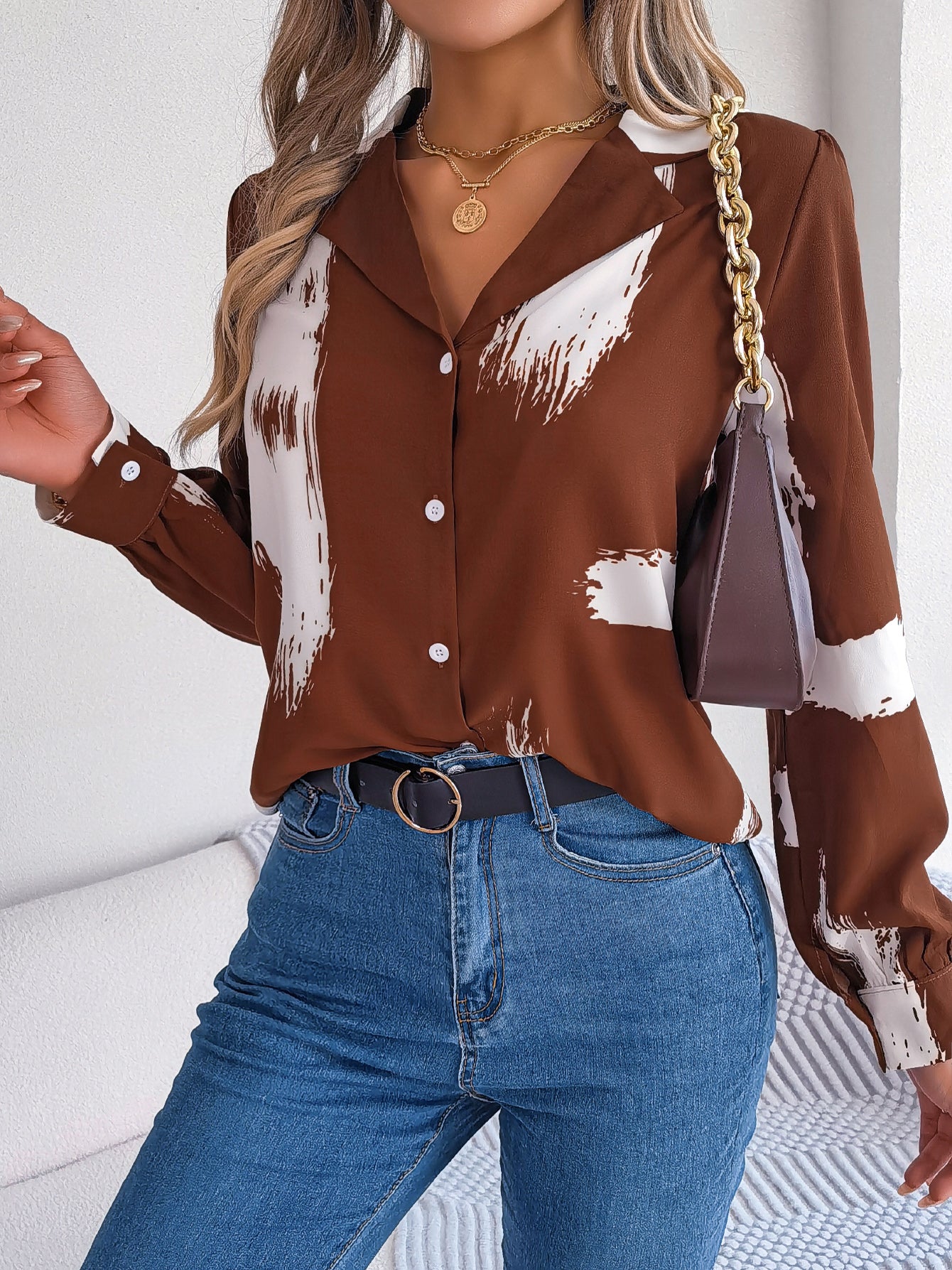 Women's Elegant Color Block Stripe Notched Lapel Long Sleeve Shirt