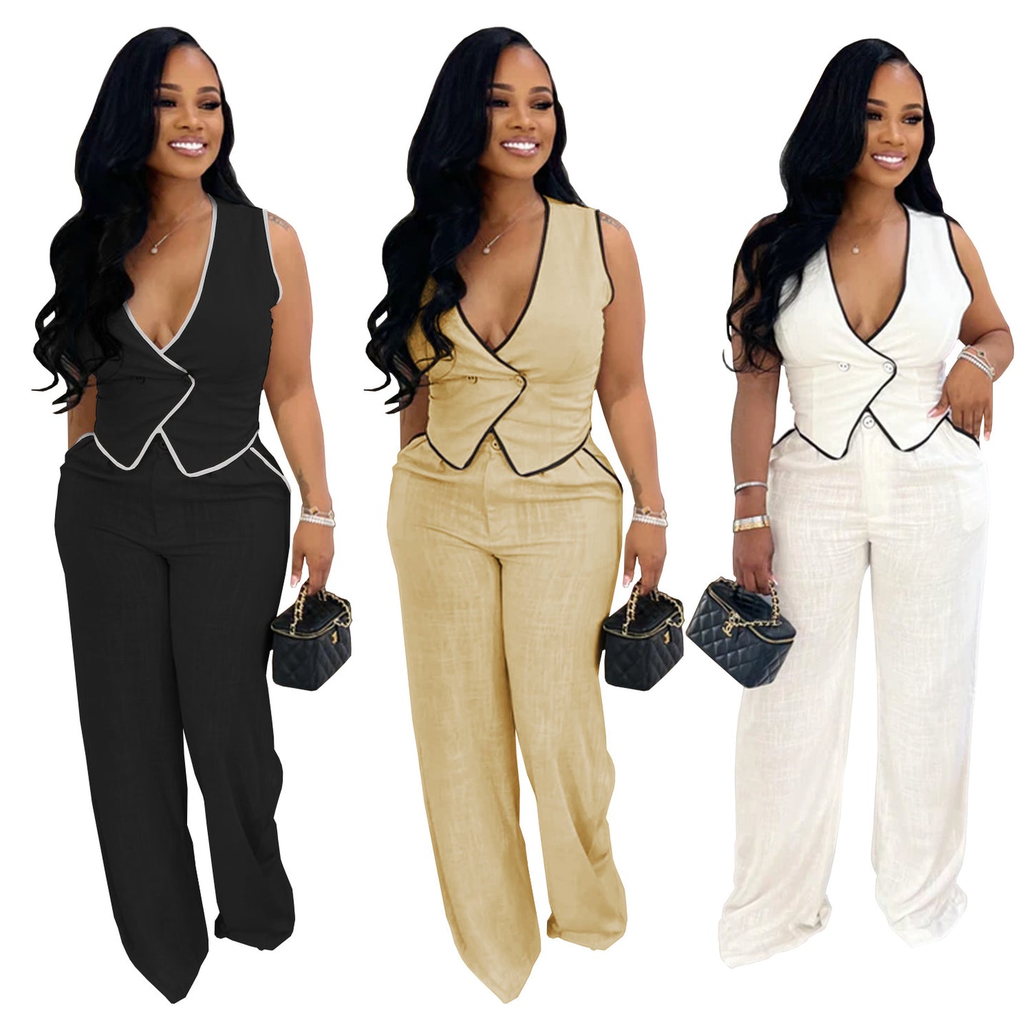 Casual V-neck Button-up Top And Pants Two-piece Set