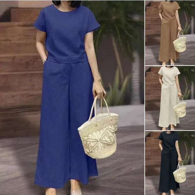 Womens Short-Sleeve Sporty Casual Set Cropped Loose Top And Cropped Pants Two-Piece Set