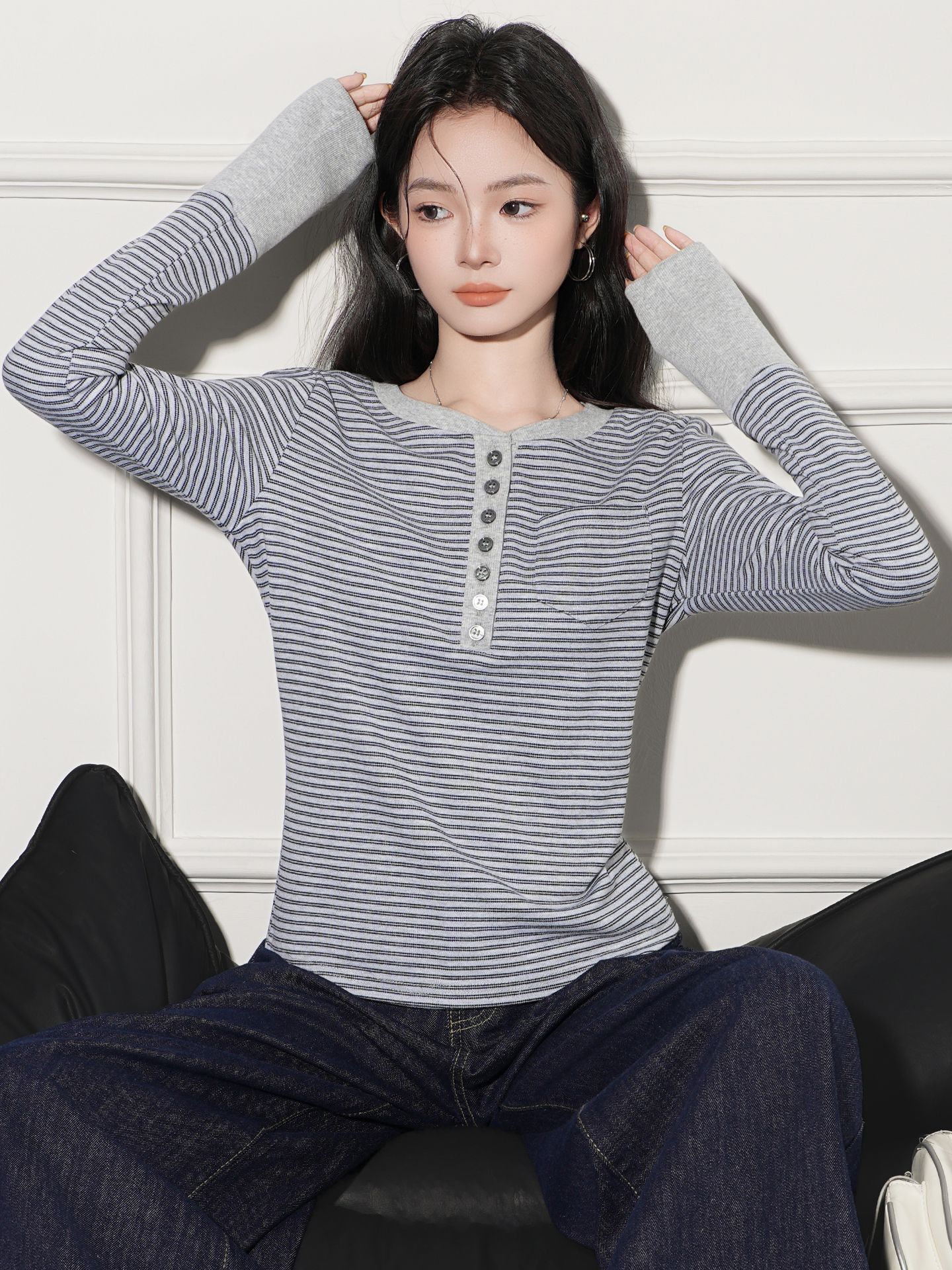 Striped Half-open Collar Long-sleeved T-shirt For Women