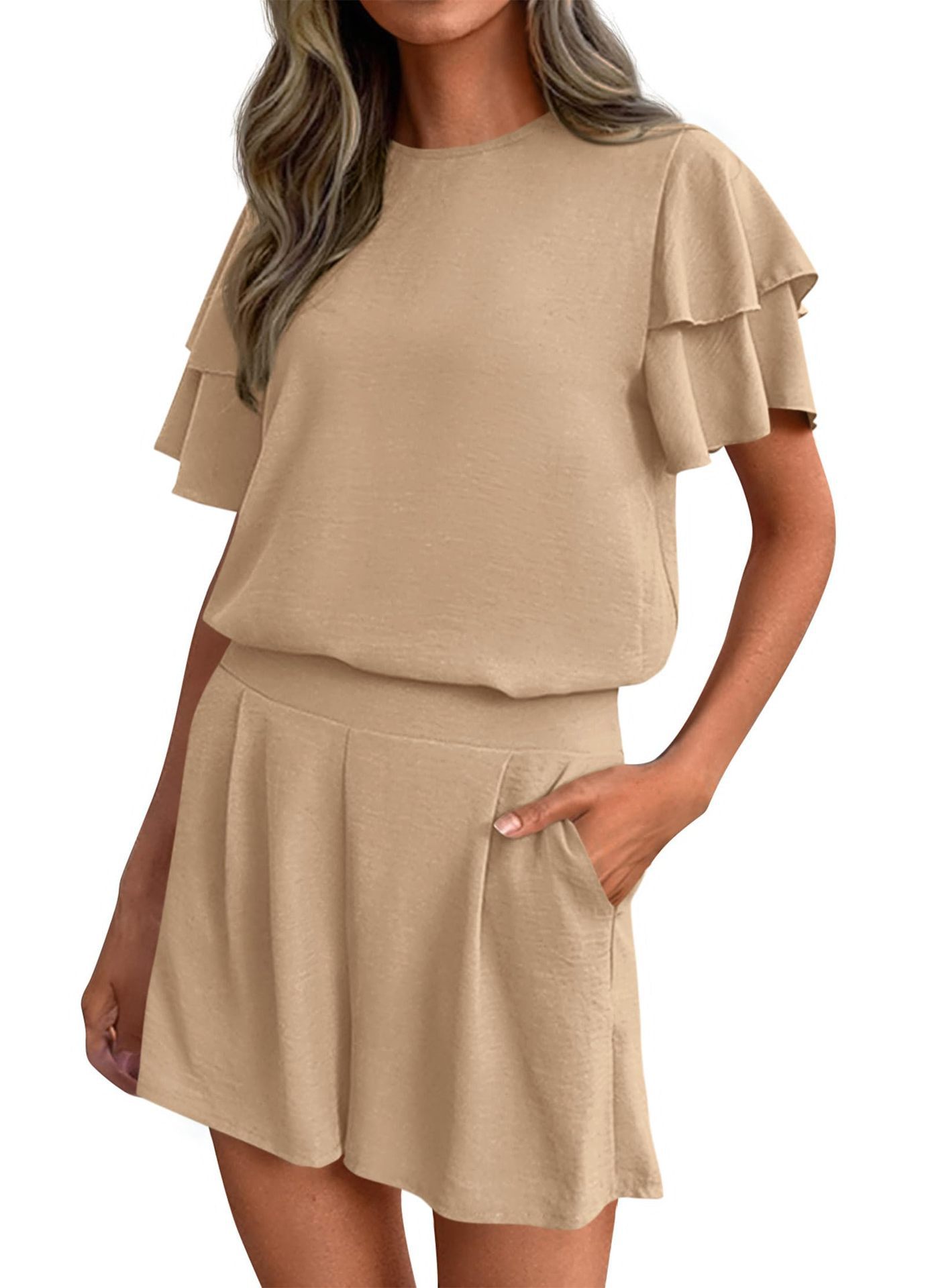 Women's Fashionable Casual Two-Piece Set Crew-Neck Short-Sleeve Top And Shorts