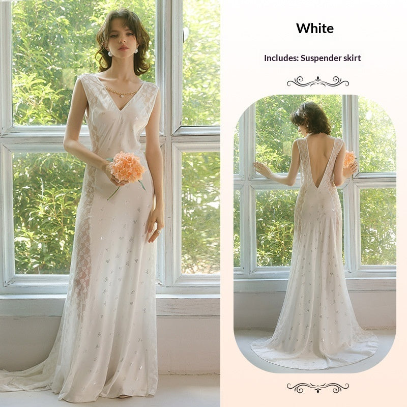 Lace-trimmed Floor-length Nightgown With A Deep V-neck
