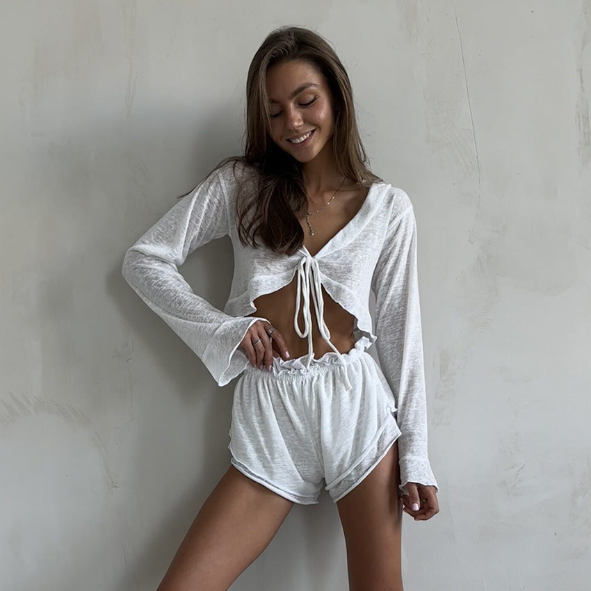 Loose-knit Cardigan And Tie-front Pajama Set Two Pieces