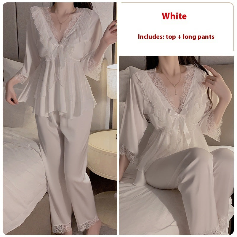 Lace Satin Stitching And Chest Pad Pleated Waist-controlled Top Trousers Two Pieces