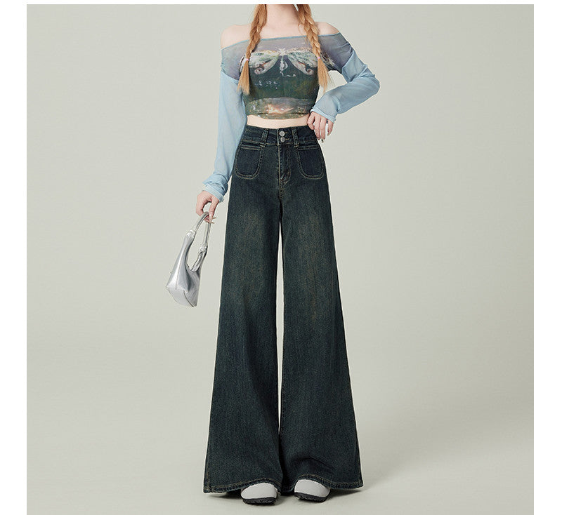 Dame-vintageblå jeans med høj talje