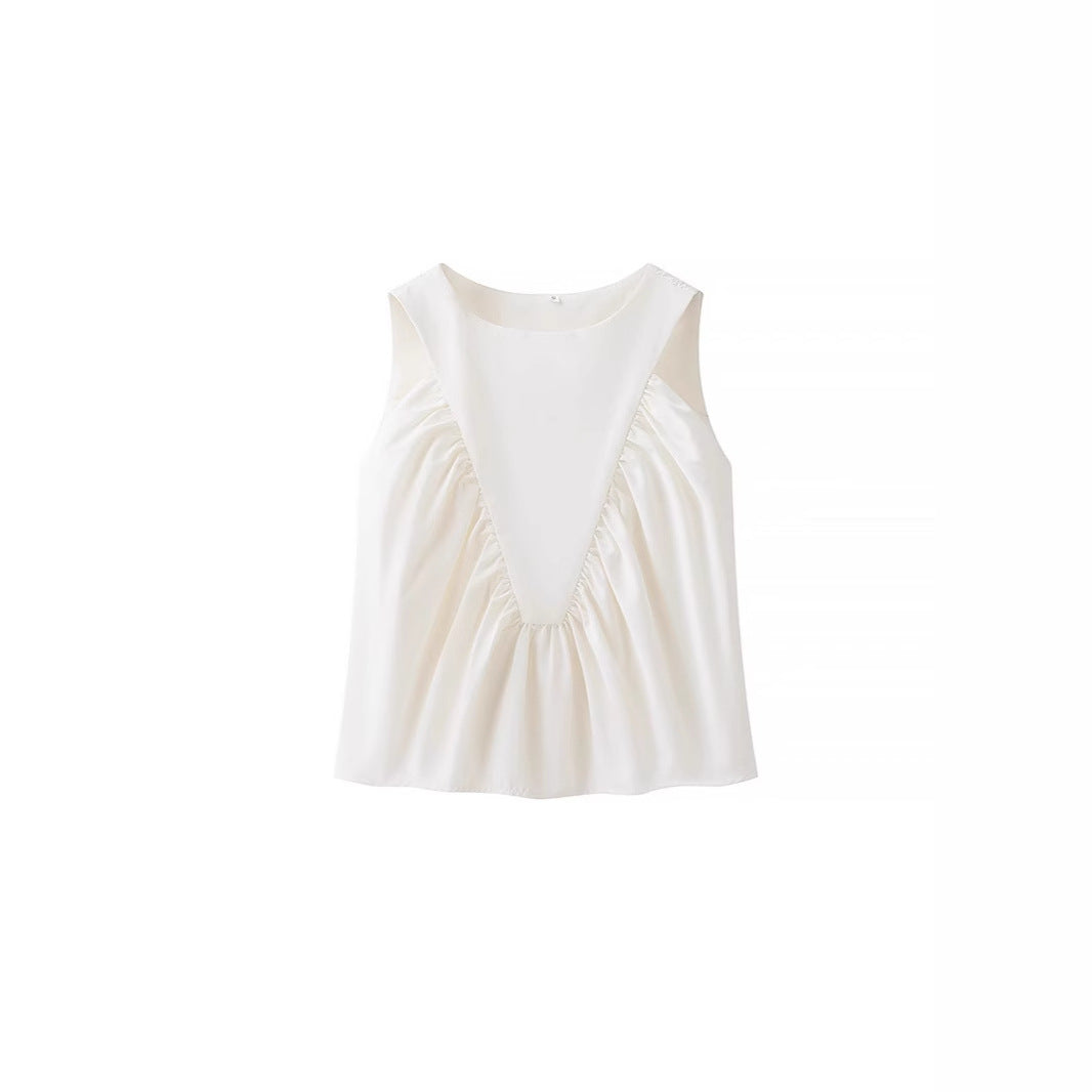 Pleated Decorative Vest Women's Solid Color Round Neck Sleeveless Pullover