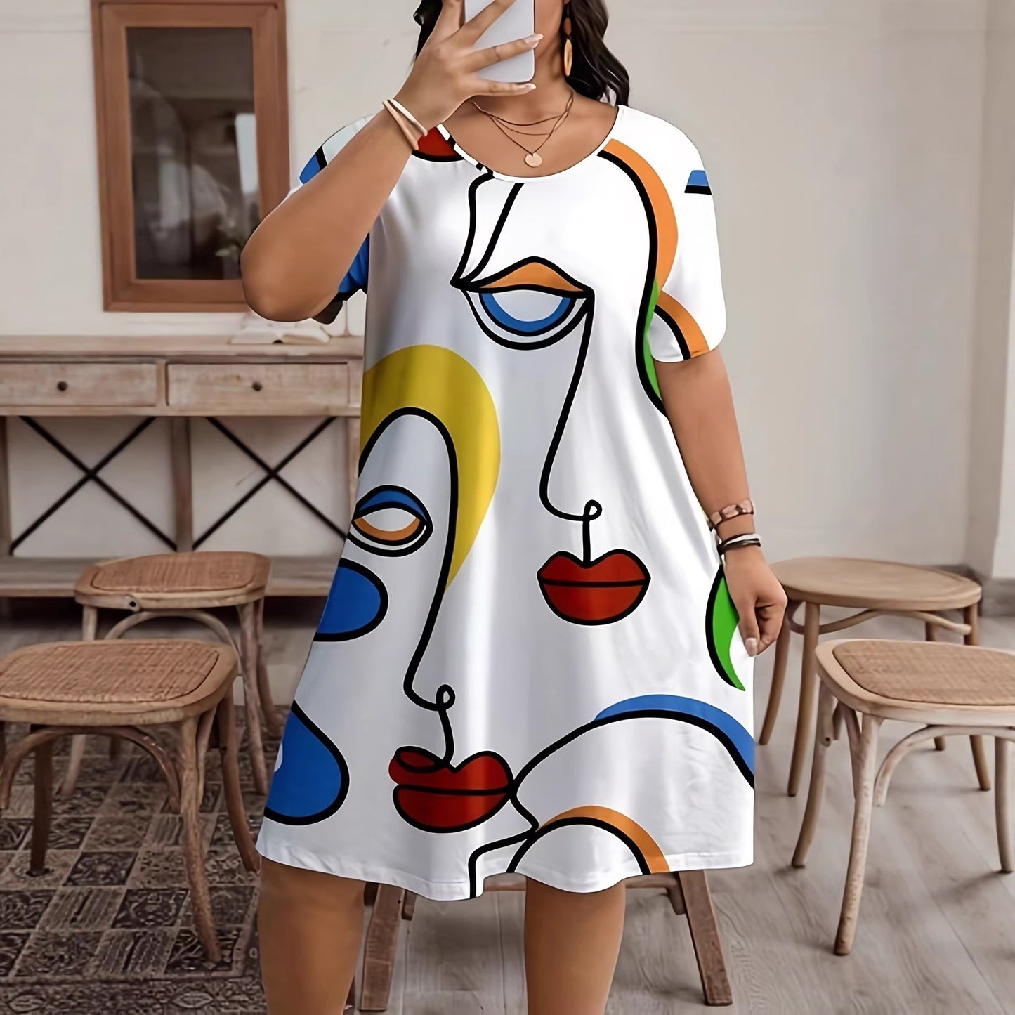 SpringSummer Fashion Womens Plus-Size Casual Simple All-Over Print Dress