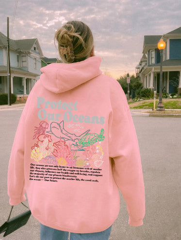 Sweater til kvinder, løs pasform, Protect Our Oceans hættetrøje