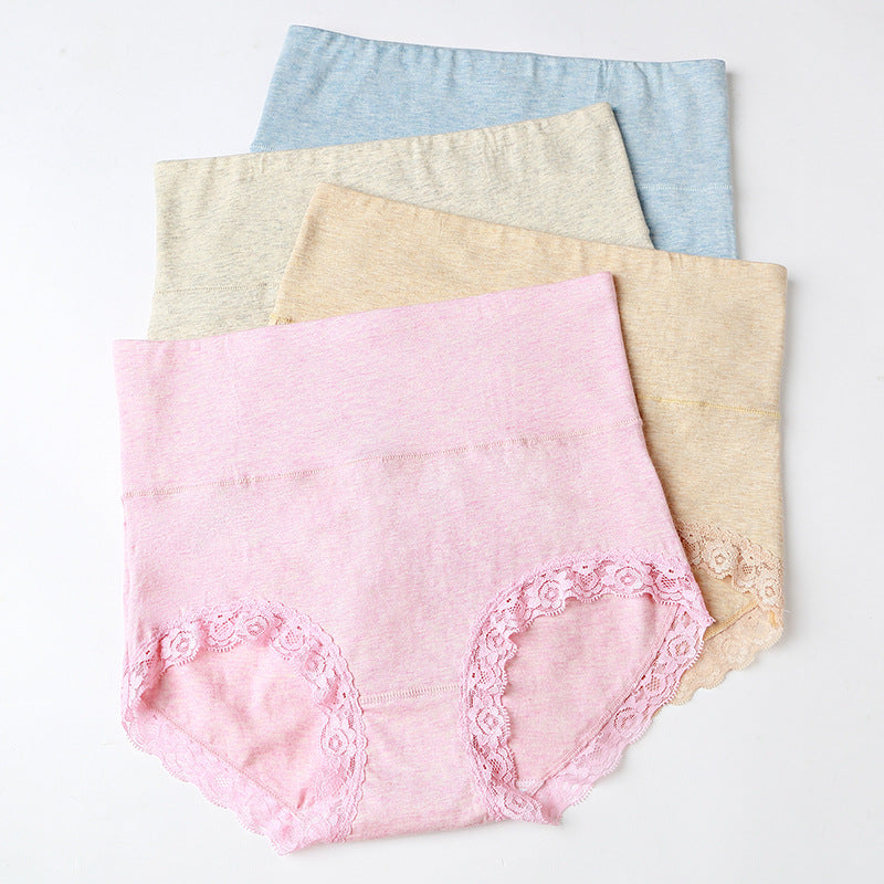 Solid Color Lace Trim Pure Cotton High Waist Briefs