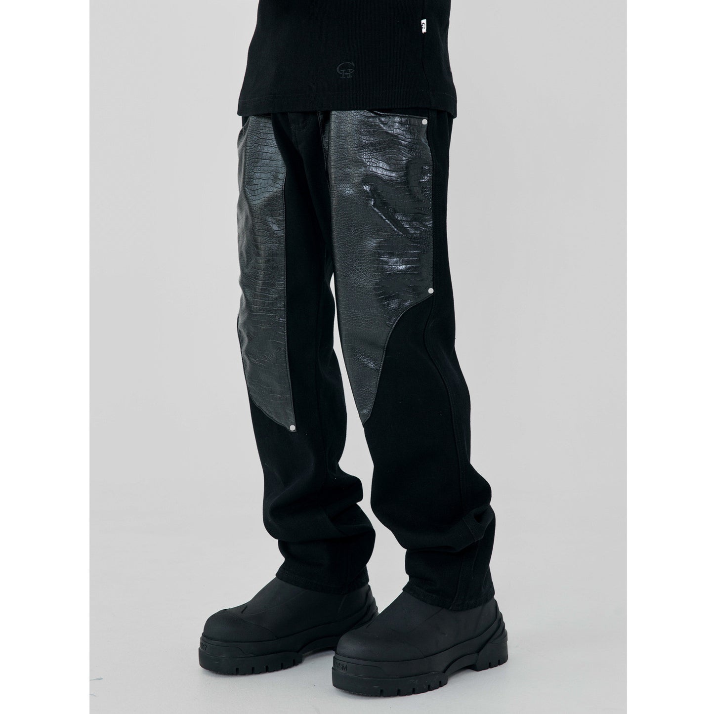 Men's Trendy Leather Patchwork Solid Color Washed Trousers