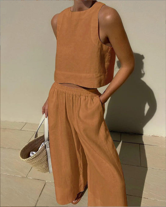 Loose Solid Color Sleeveless Shirt And Trousers Two-piece Set
